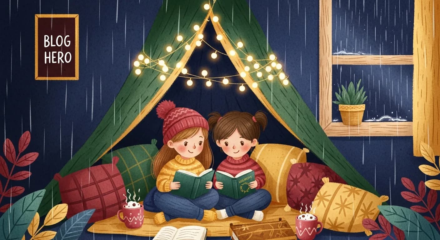 Children reading in a blanket fort on a rainy day with fairy lights and hot cocoa