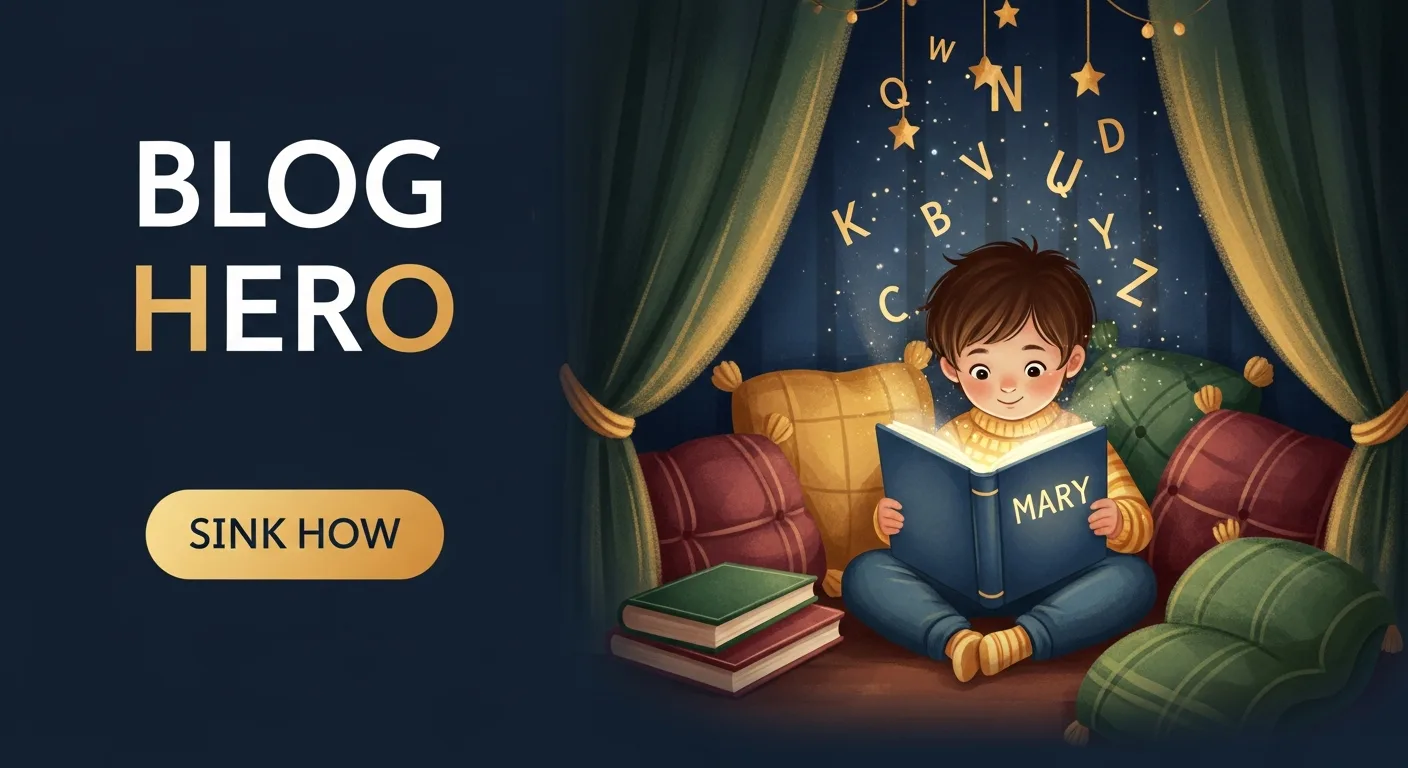 Child reading a personalized storybook with their name on the cover in a cozy reading nook