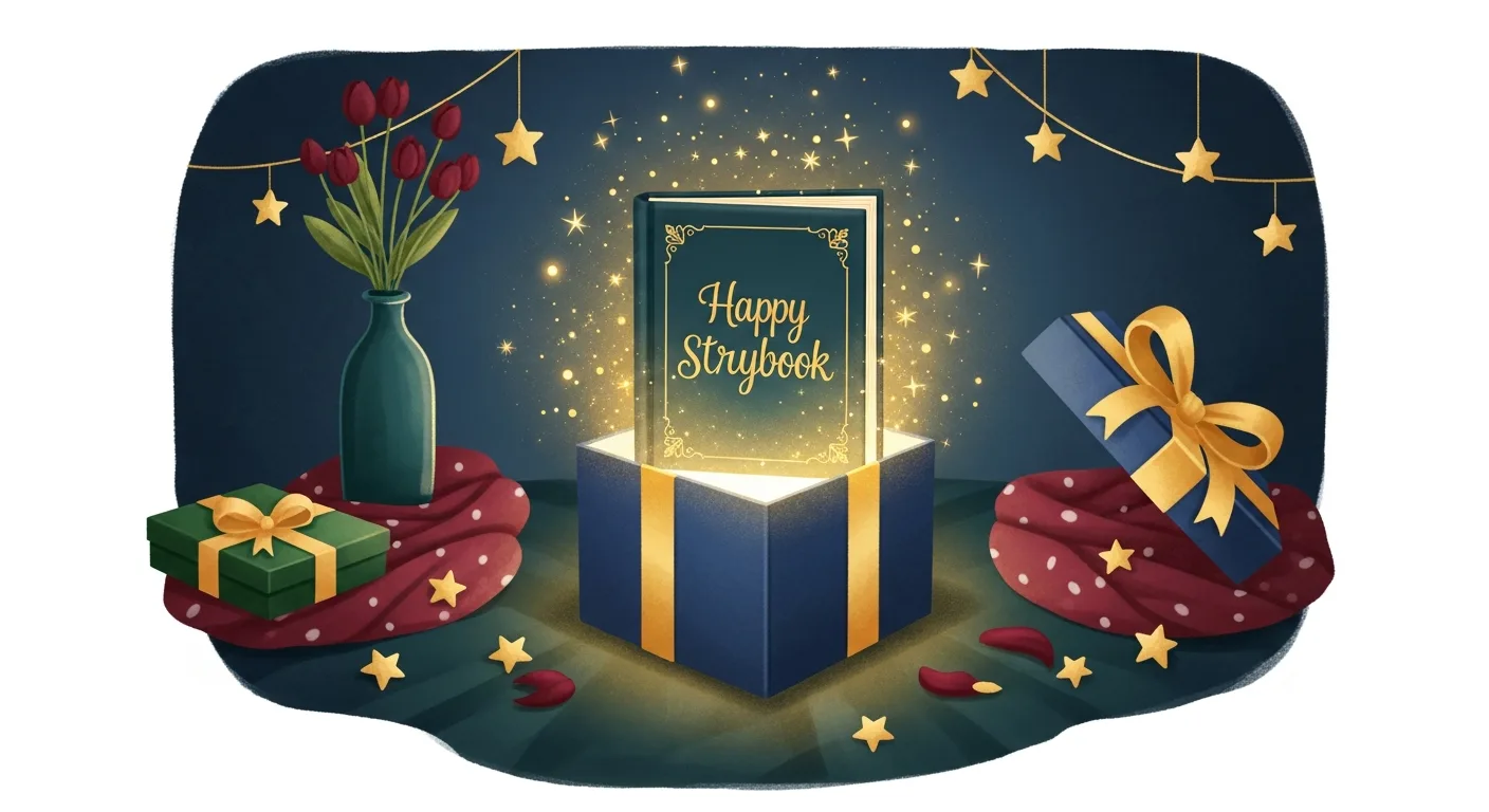 Gift box opening to reveal a glowing personalized storybook with magical light