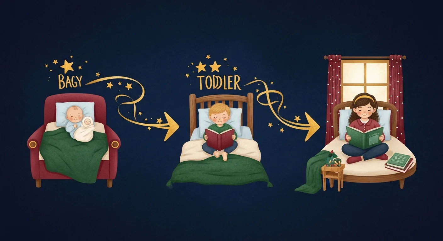 Children of different ages enjoying bedtime stories in age-appropriate settings