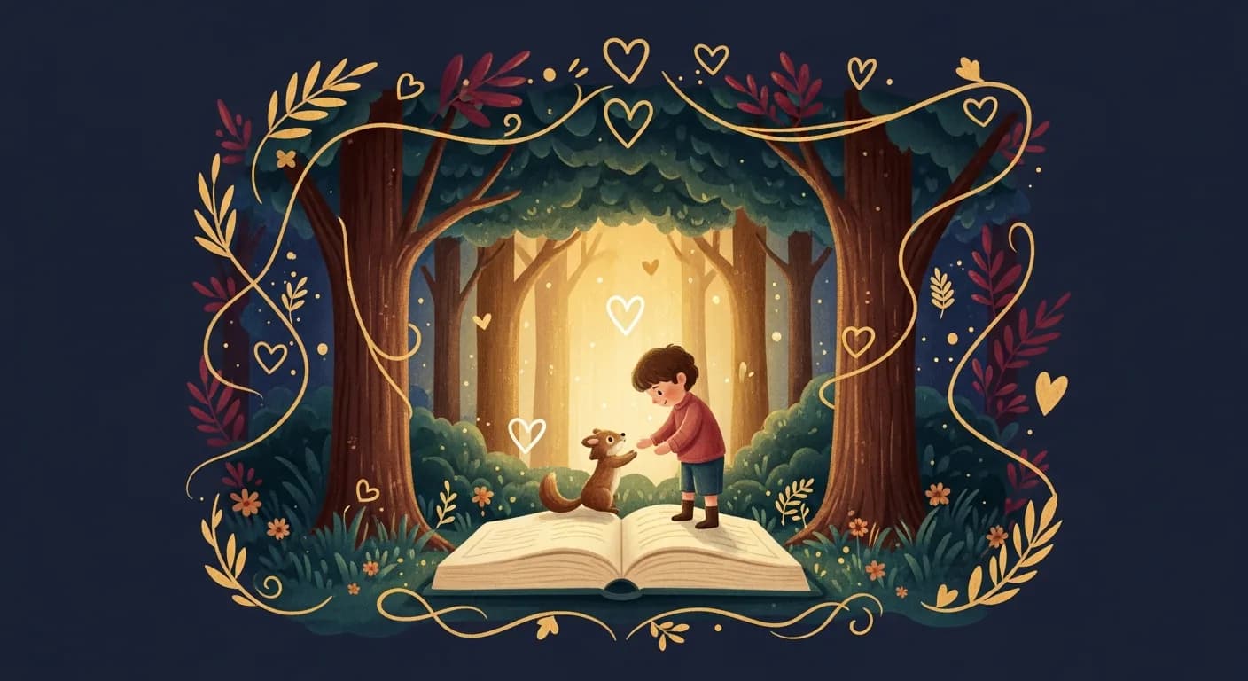 Storybook illustration of a child helping a forest animal, symbolizing kindness