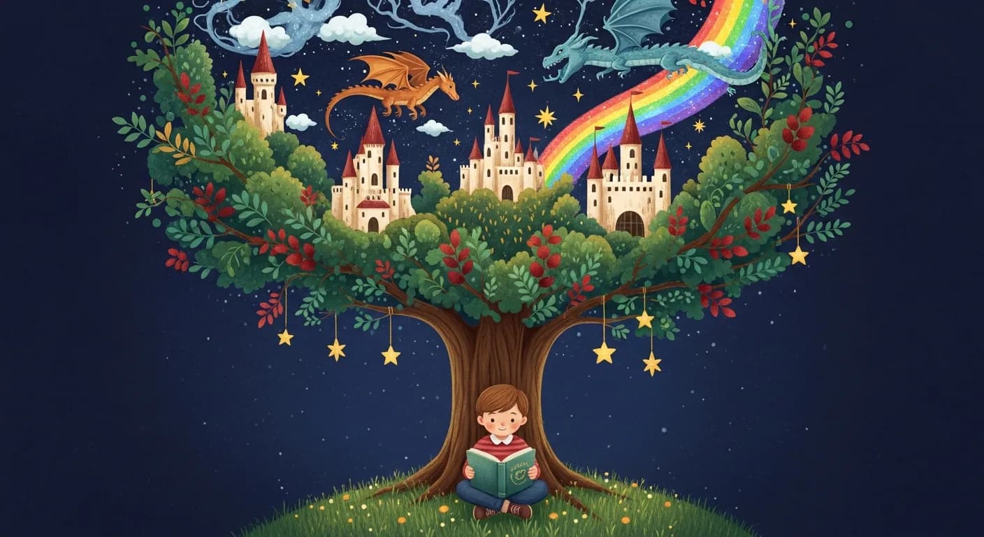 Child reading under a tree that transforms into a fantastical world of dragons, castles, and stars