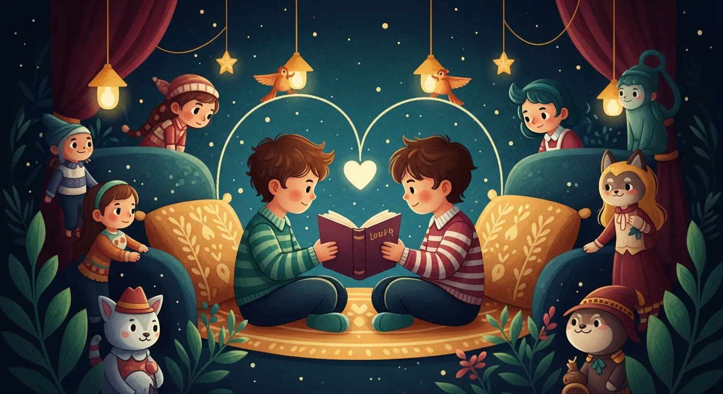 Two children sharing a book with a heart glow connecting them, surrounded by diverse story characters