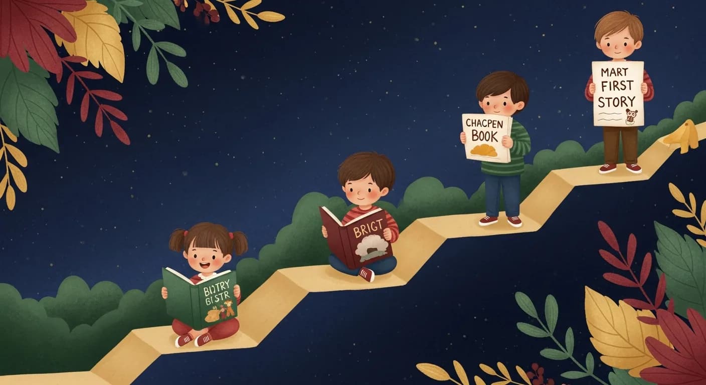 Children at different ages reaching storytelling milestones along a gentle ascending path