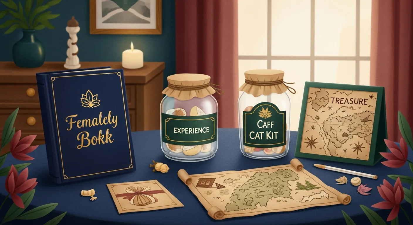 Display of unique gift ideas including a personalized book, experience jar, and craft kit