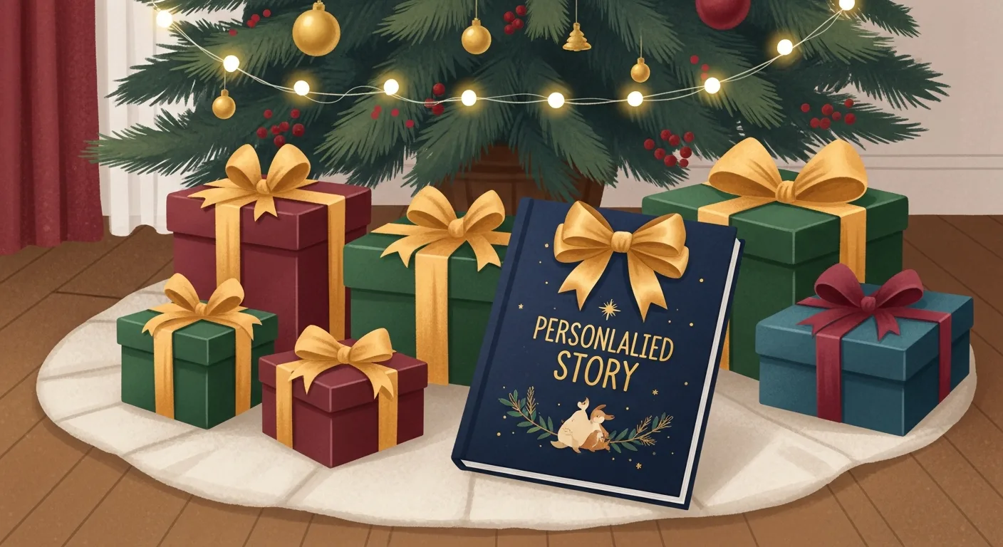 Holiday gift guide display under a decorated tree with a featured personalized storybook