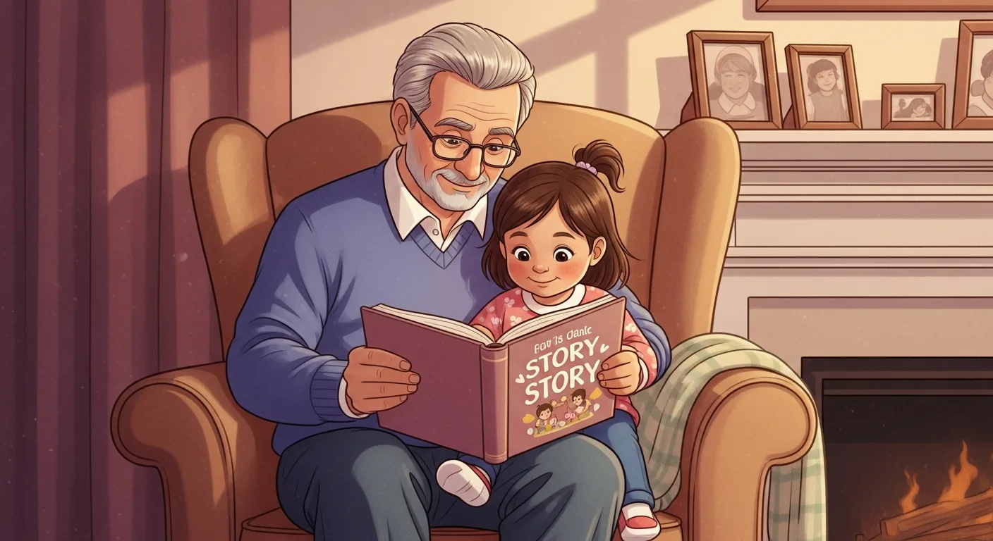 Grandparent and grandchild sharing a personalized storybook in a cozy armchair