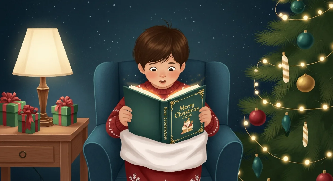 Child discovering a personalized storybook in their Christmas stocking on Christmas morning