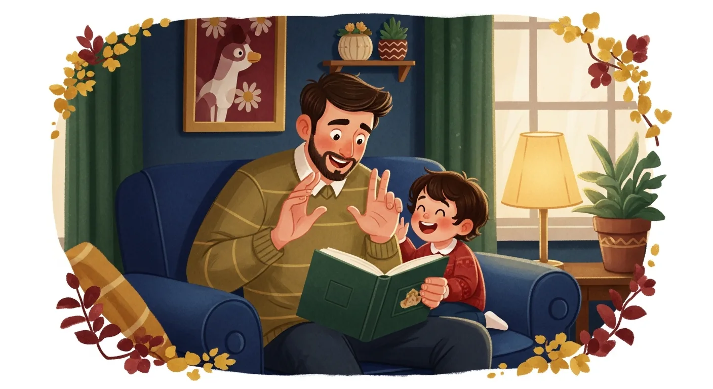 Father reading an animated story to his delighted child with expressive gestures