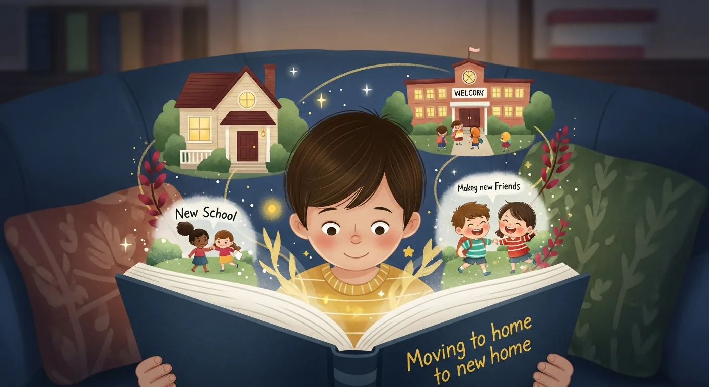 Child reading a comforting story about life changes with hopeful scenes emerging from pages